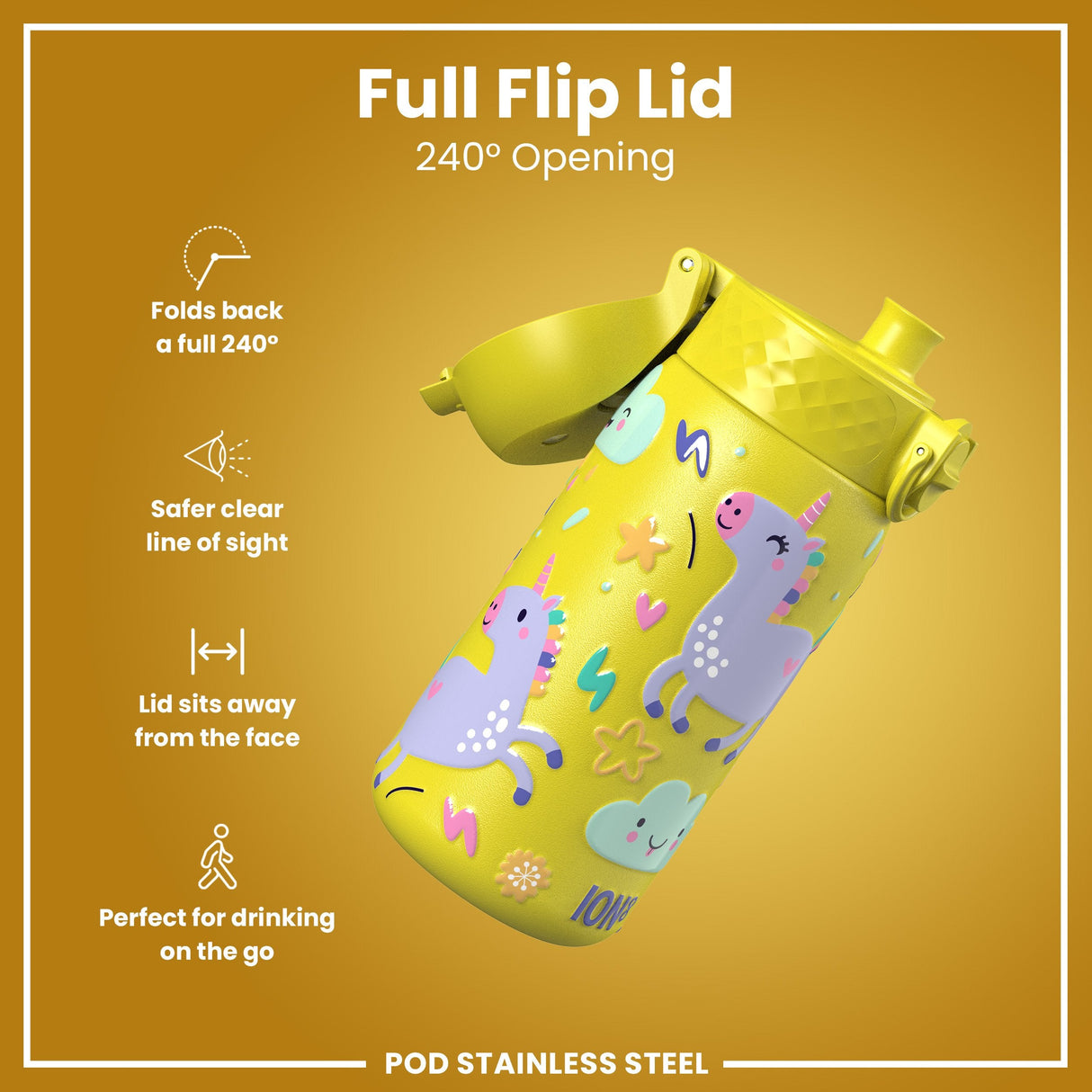 ION8 Leak Proof Kids Water Bottle, Stainless Steel, Yellow Unicorns, 400ml (13oz)