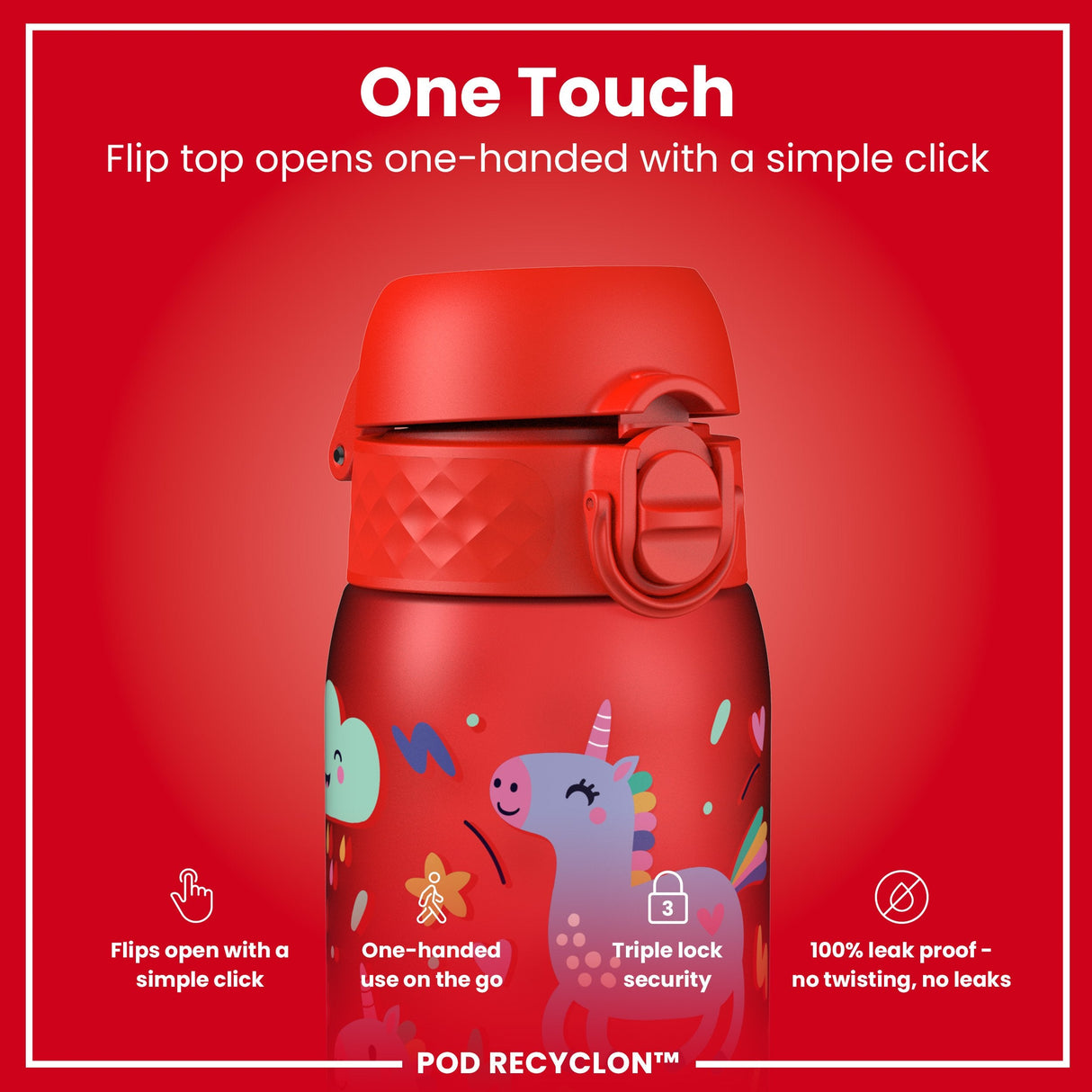 ION8 Leak Proof Kids Water Bottle, Recyclon, Red Unicorns, 350ml (12oz)
