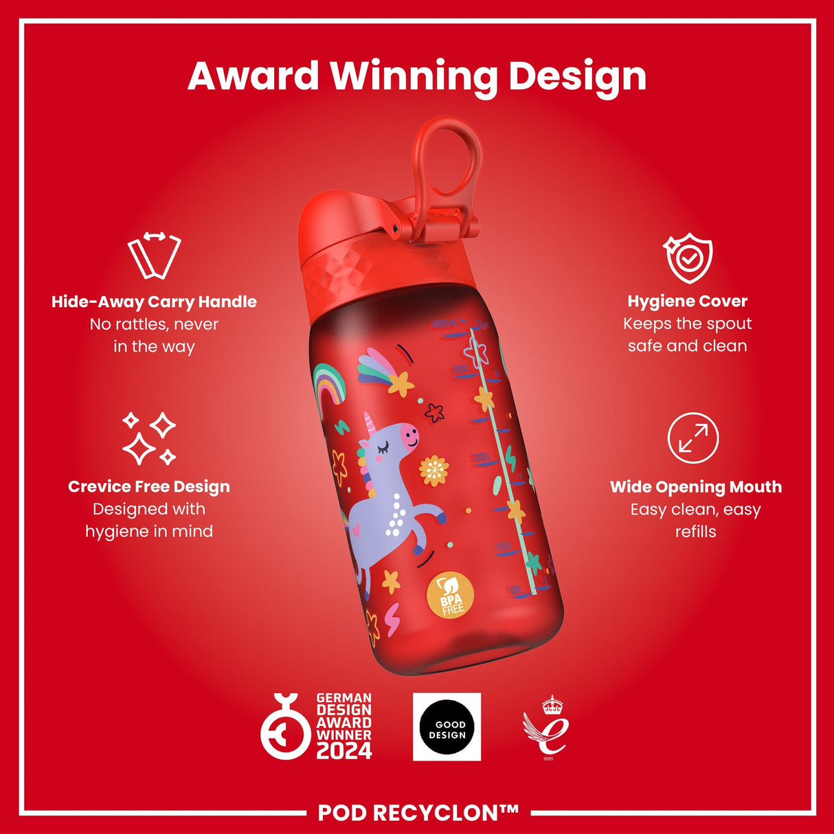 ION8 Leak Proof Kids Water Bottle, Recyclon, Red Unicorns, 350ml (12oz)