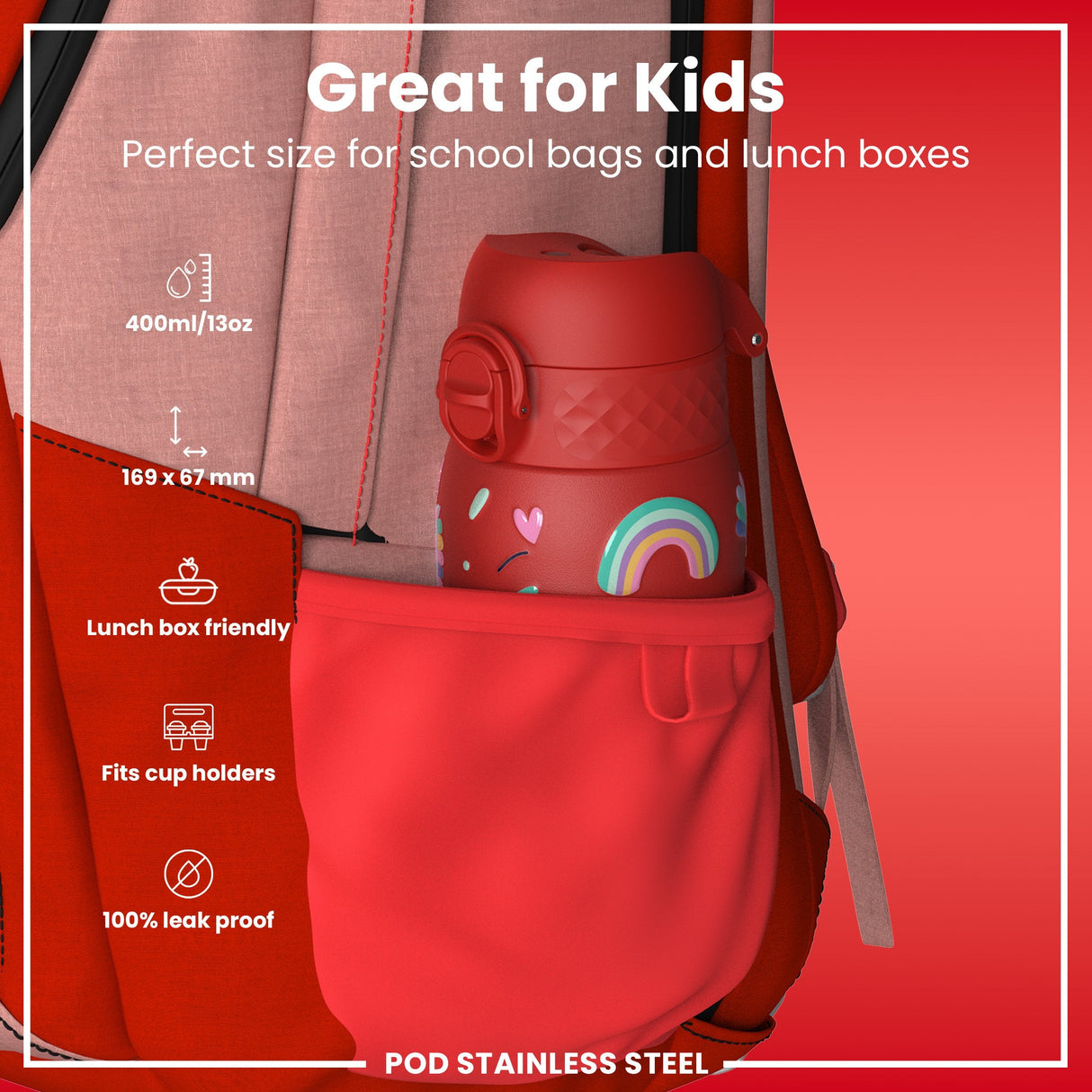 ION8 Leak Proof Kids Water Bottle, Stainless Steel, Red Unicorns, 400ml (13oz)