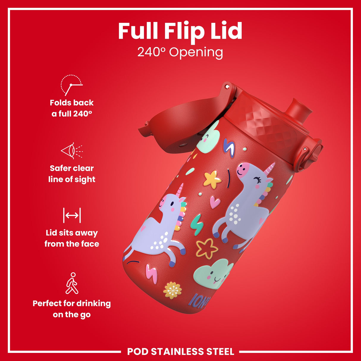 ION8 Leak Proof Kids Water Bottle, Stainless Steel, Red Unicorns, 400ml (13oz)