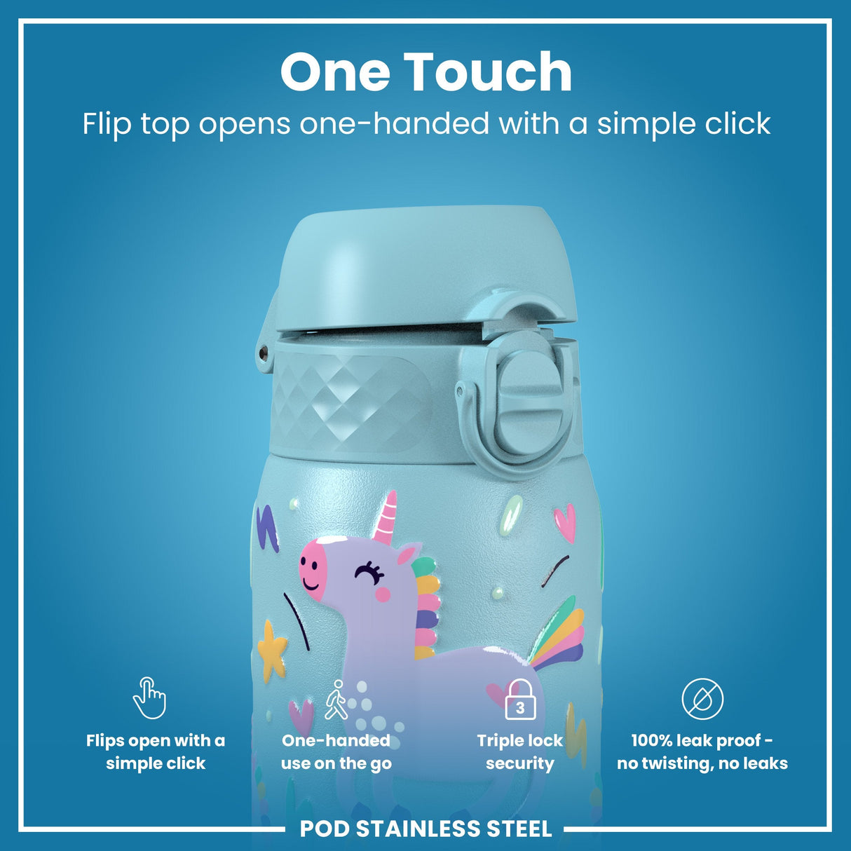 ION8 Leak Proof Kids Water Bottle, Stainless Steel, Blue Unicorns, 400ml (13oz)