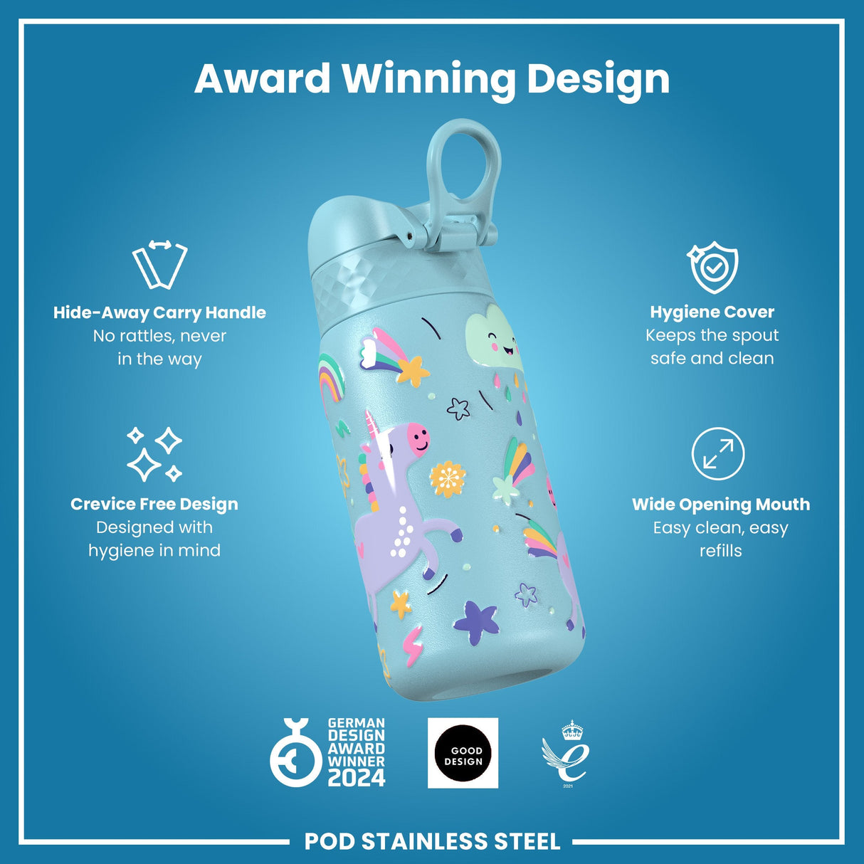 ION8 Leak Proof Kids Water Bottle, Stainless Steel, Blue Unicorns, 400ml (13oz)