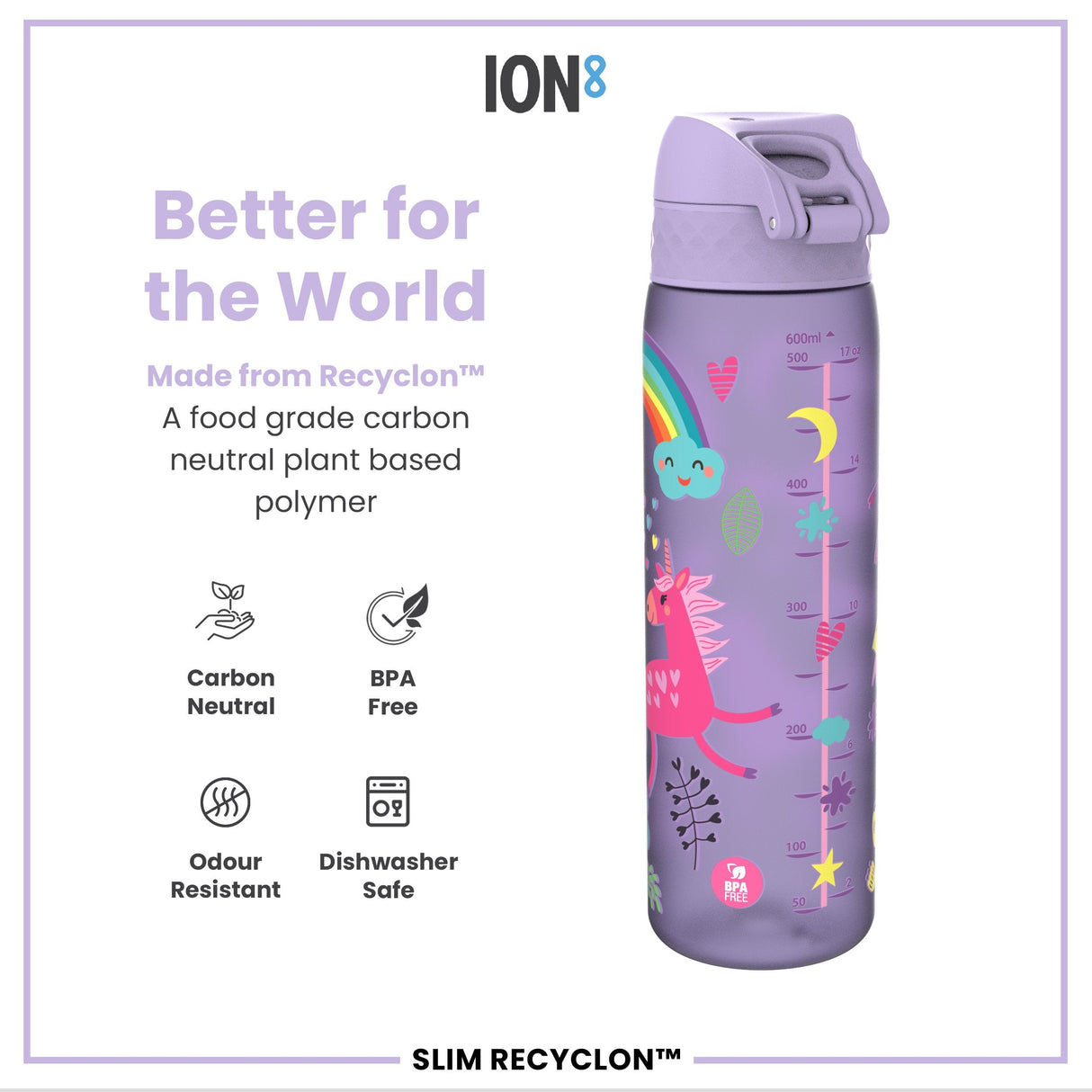 ION8 Leak Proof Slim Water Bottle, Recyclon, Purple Unicorns, 500ml (18oz)