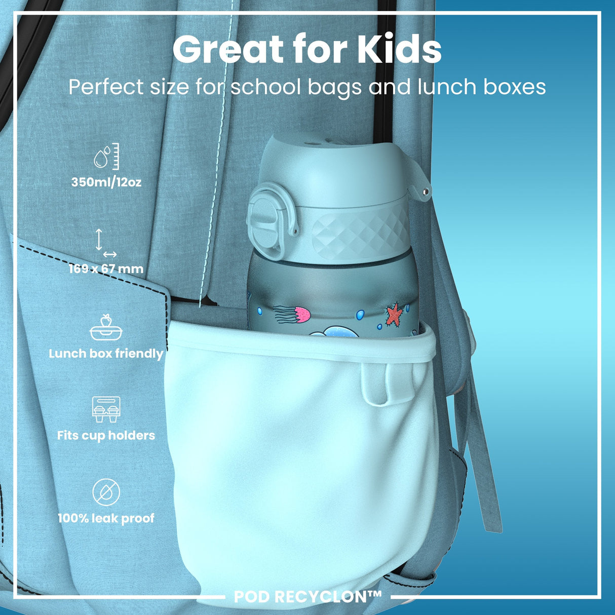 ION8 Leak Proof Kids Water Bottle, Recyclon, Blue Unicorns, 350ml (12oz)