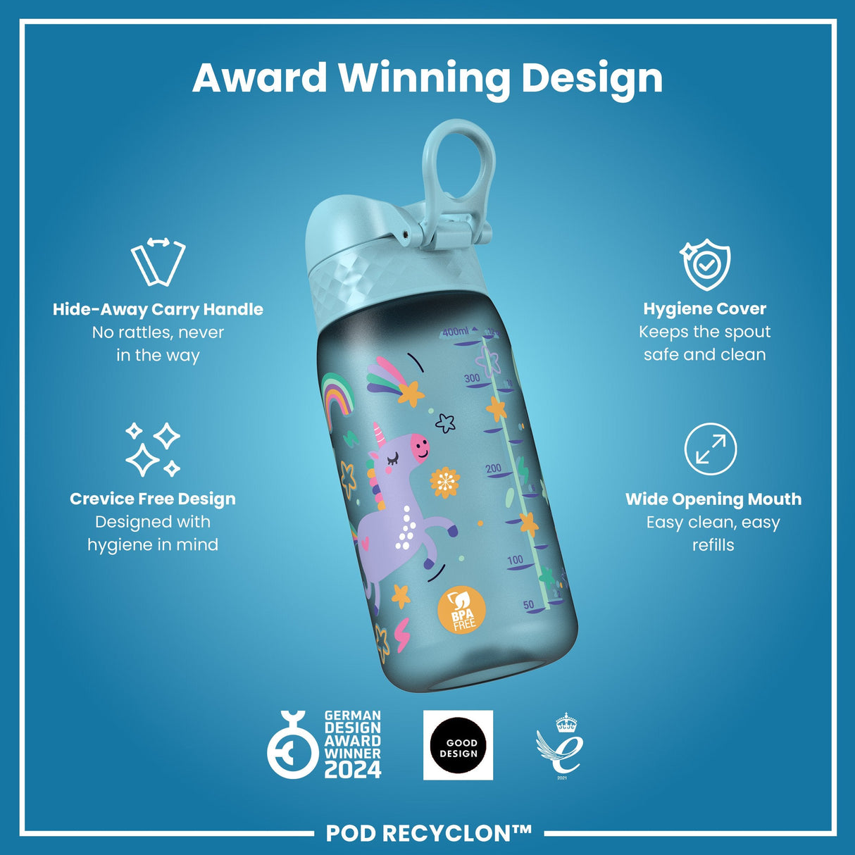 ION8 Leak Proof Kids Water Bottle, Recyclon, Blue Unicorns, 350ml (12oz)