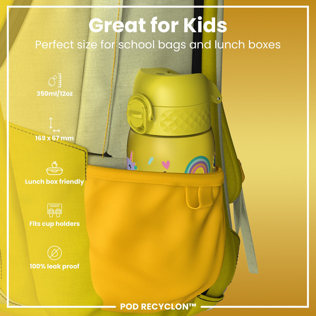 ION8 Leak Proof Kids Water Bottle, Recyclon, Yellow Unicorns, 350ml (12oz)