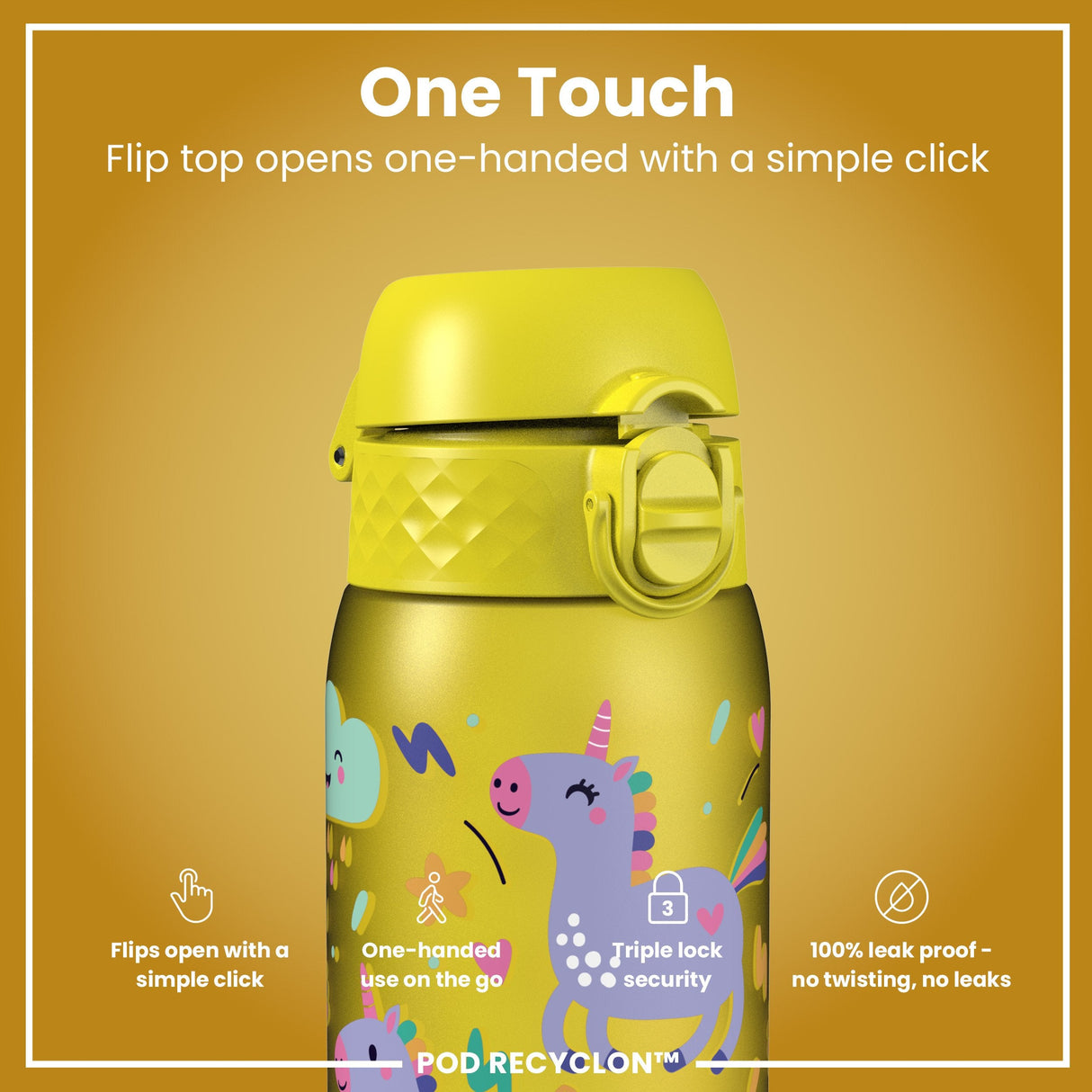 ION8 Leak Proof Kids Water Bottle, Recyclon, Yellow Unicorns, 350ml (12oz)