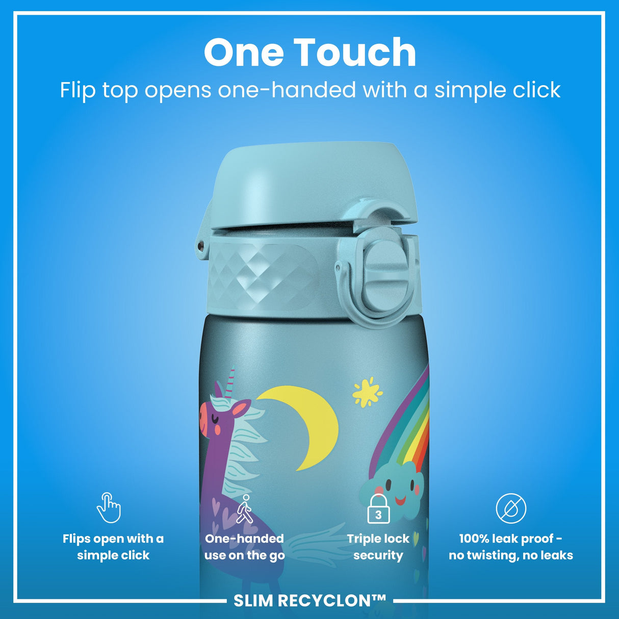 ION8 Leak Proof Slim Water Bottle, Recyclon, Blue Unicorns, 500ml (18oz)