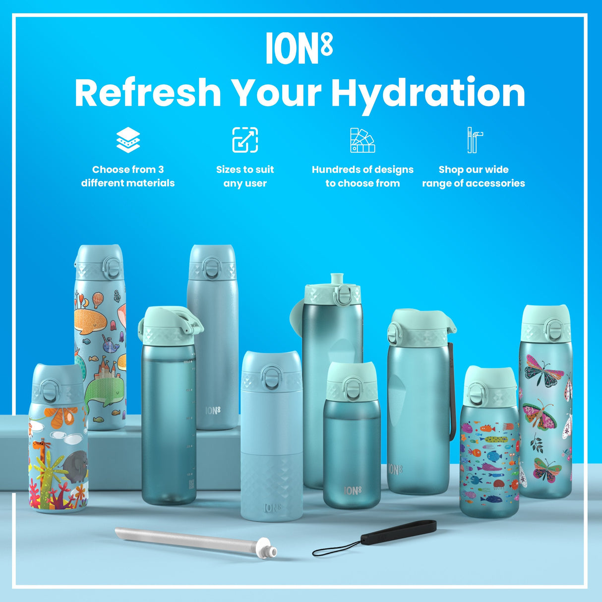 ION8 Leak Proof Slim Water Bottle, Recyclon, Blue Unicorns, 500ml (18oz)