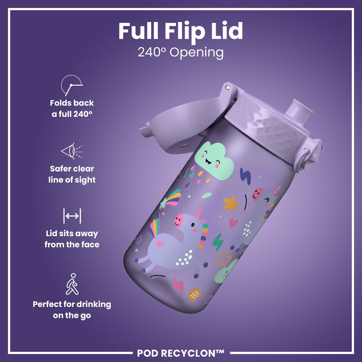 ION8 Leak Proof Kids Water Bottle, Recyclon, Purple Unicorns, 350ml (12oz)
