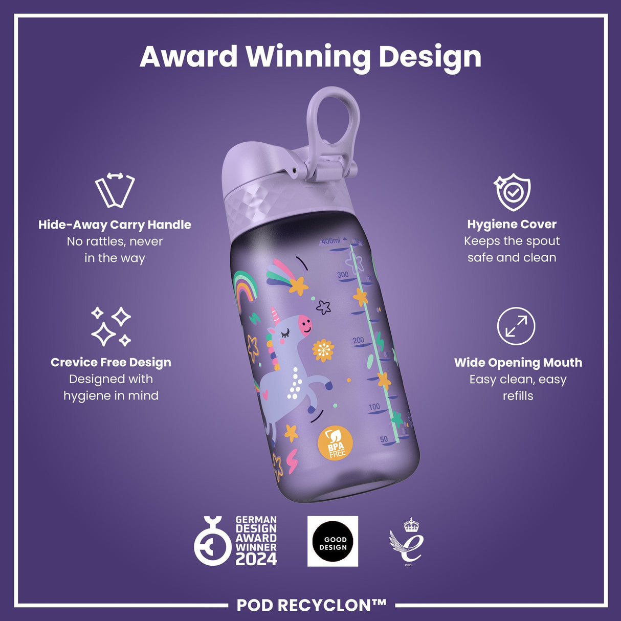 ION8 Leak Proof Kids Water Bottle, Recyclon, Purple Unicorns, 350ml (12oz)