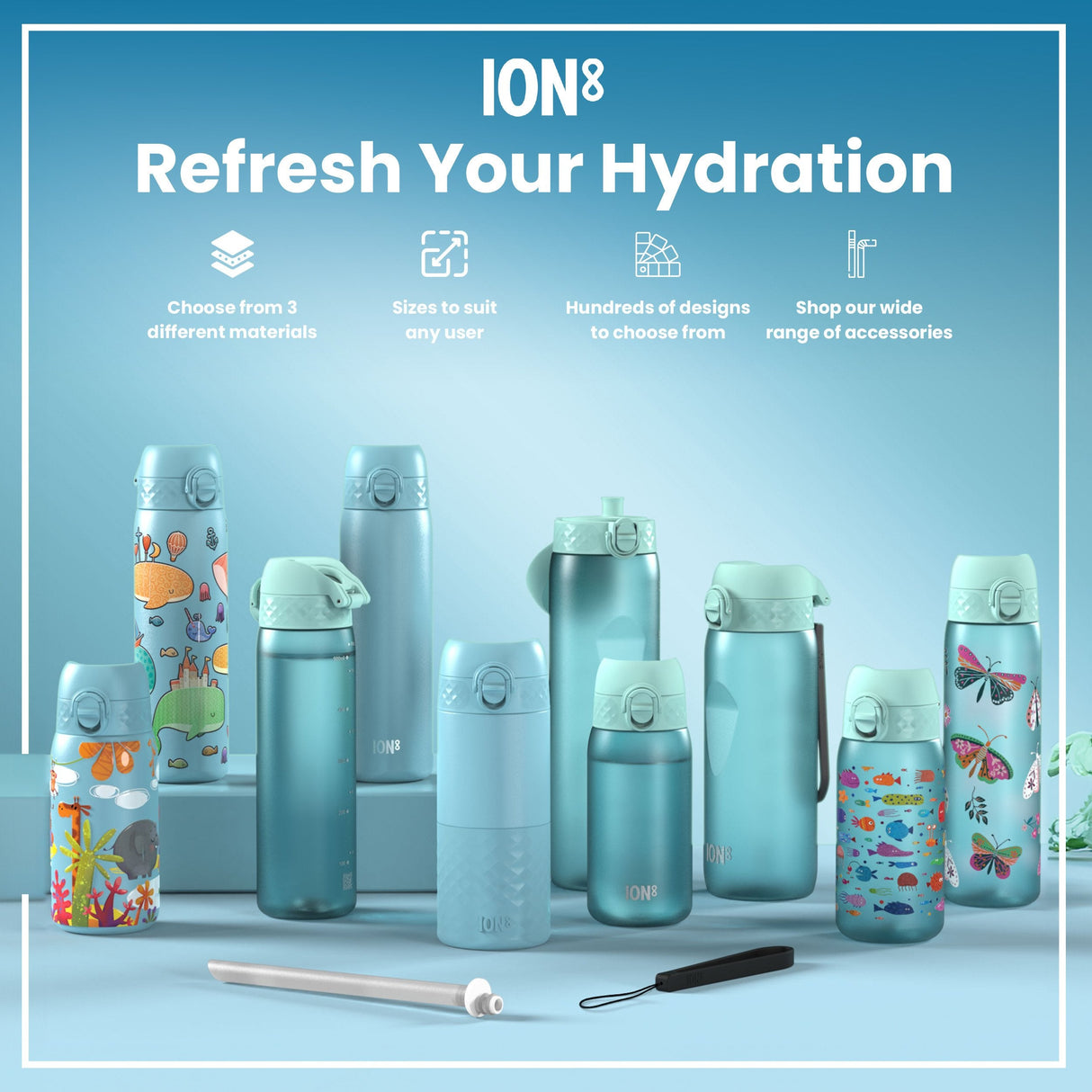ION8 Leak Proof Slim Water Bottle, Stainless Steel, Blue Unicorns, 600ml (20oz)