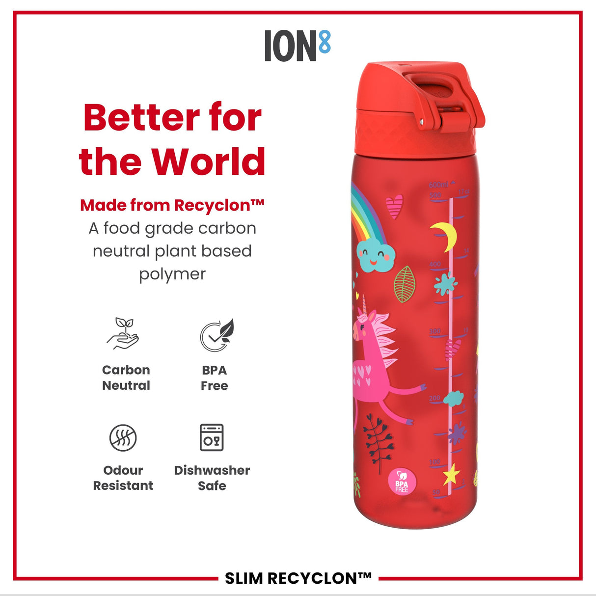 ION8 Leak Proof Slim Water Bottle, Recyclon, Red Unicorns, 500ml (18oz)