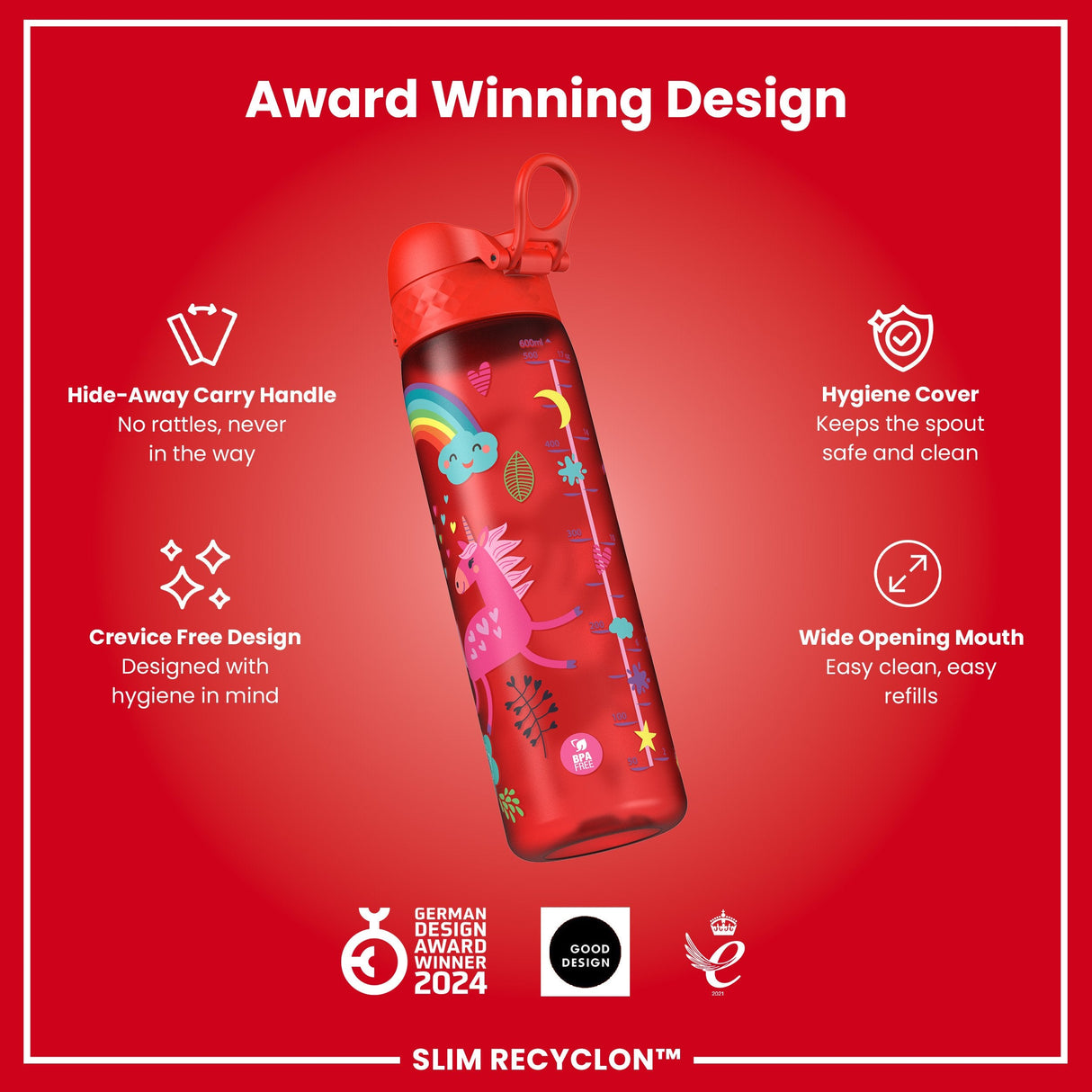 ION8 Leak Proof Slim Water Bottle, Recyclon, Red Unicorns, 500ml (18oz)