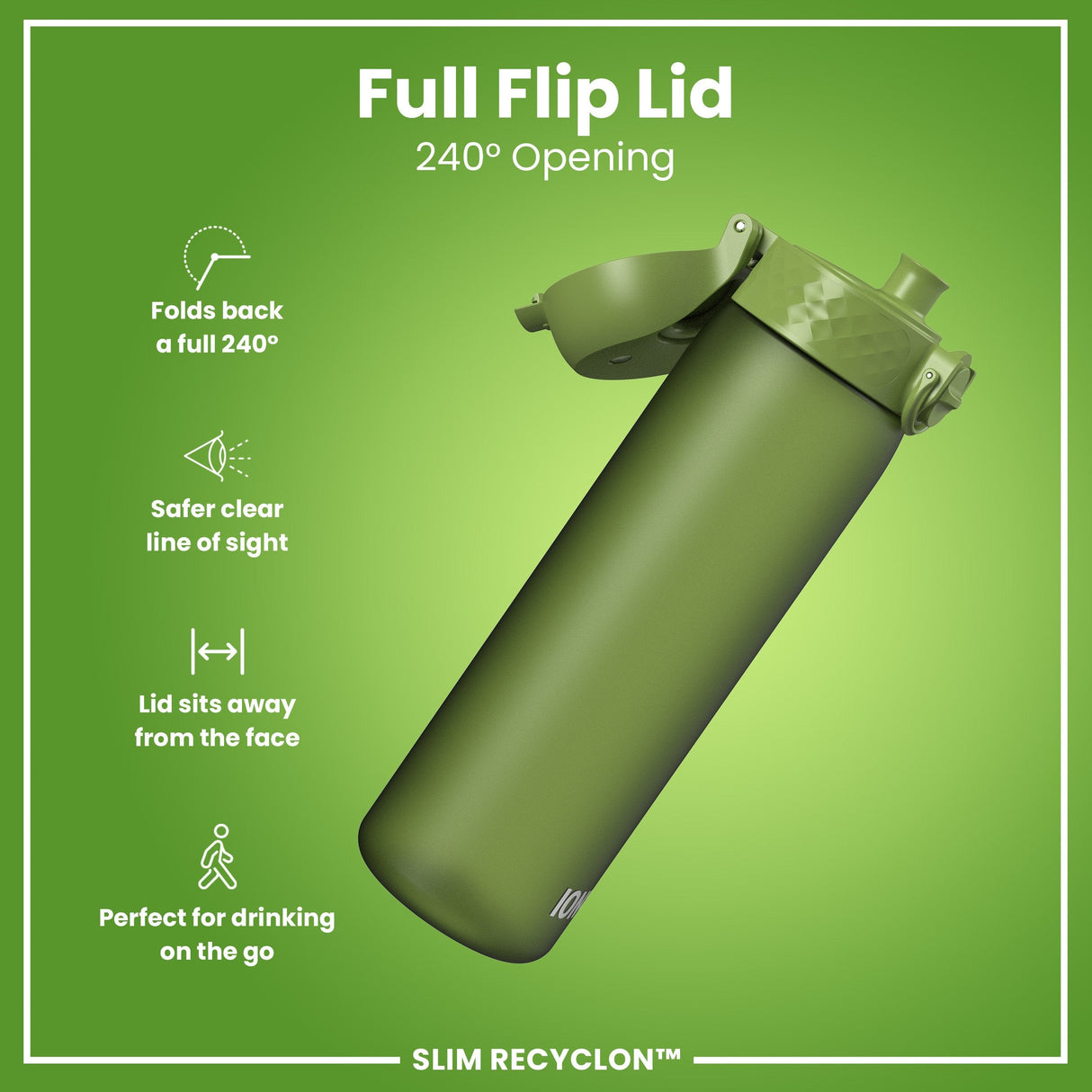 ION8 Leak Proof Slim Water Bottle, Recyclon, Khaki Green, 500ml (18oz)