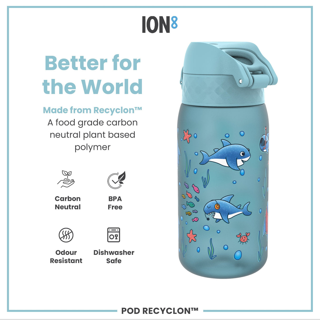 ION8 Leak Proof Kids Water Bottle, Recyclon, Sharks, 350ml (12oz)