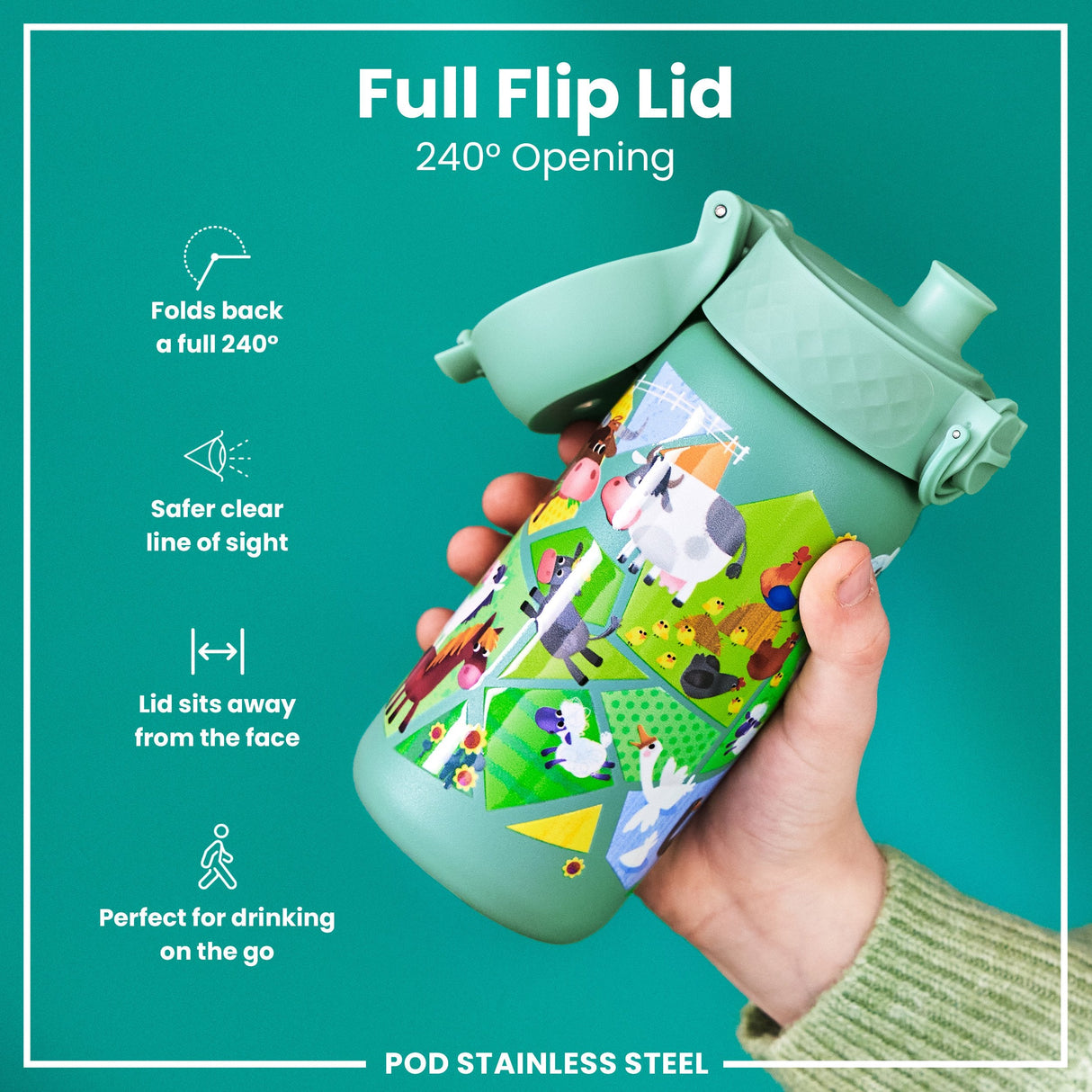 ION8 Leak Proof Kids Water Bottle, Stainless Steel, Farming Animals, 400ml (13oz)