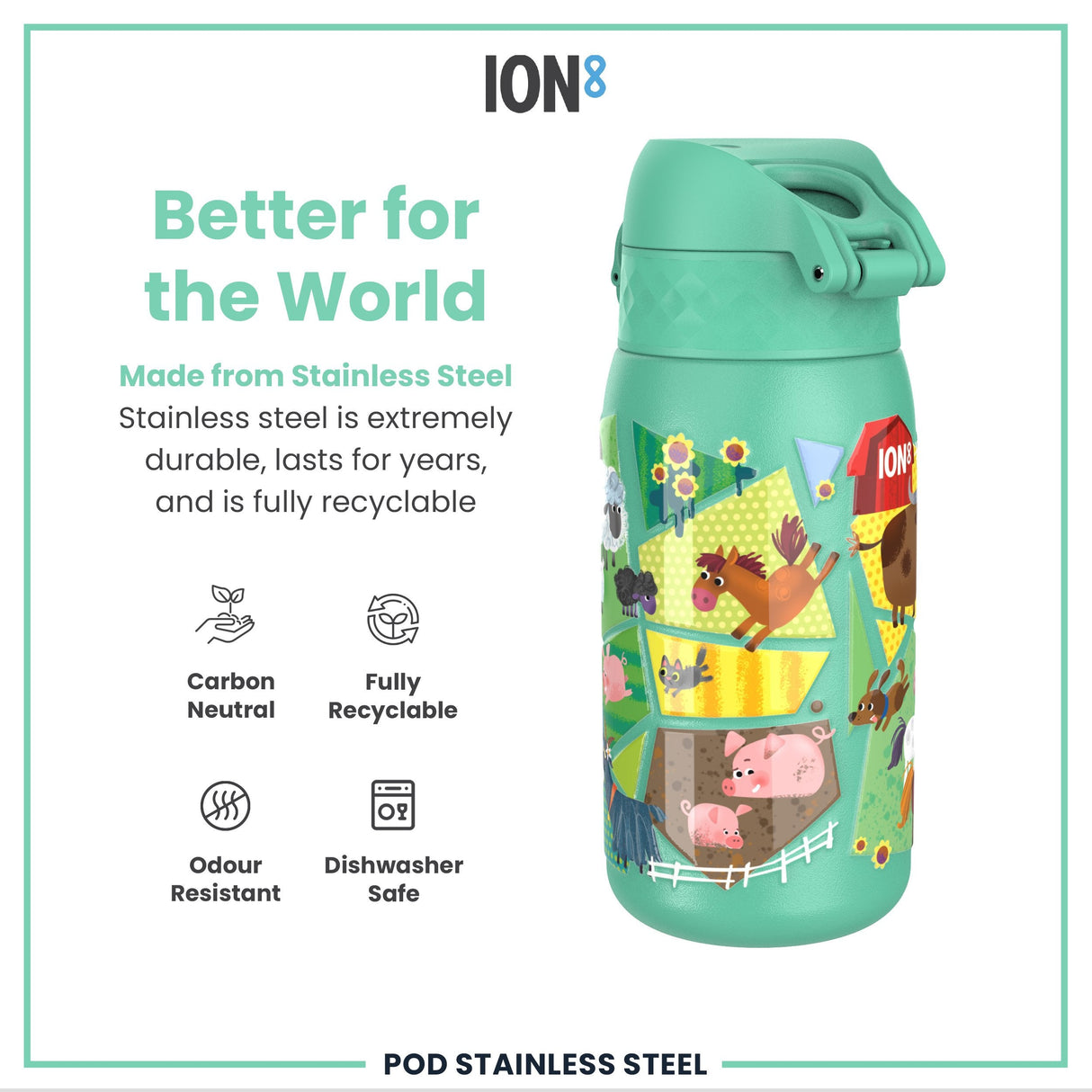 ION8 Leak Proof Kids Water Bottle, Stainless Steel, Farming Animals, 400ml (13oz)