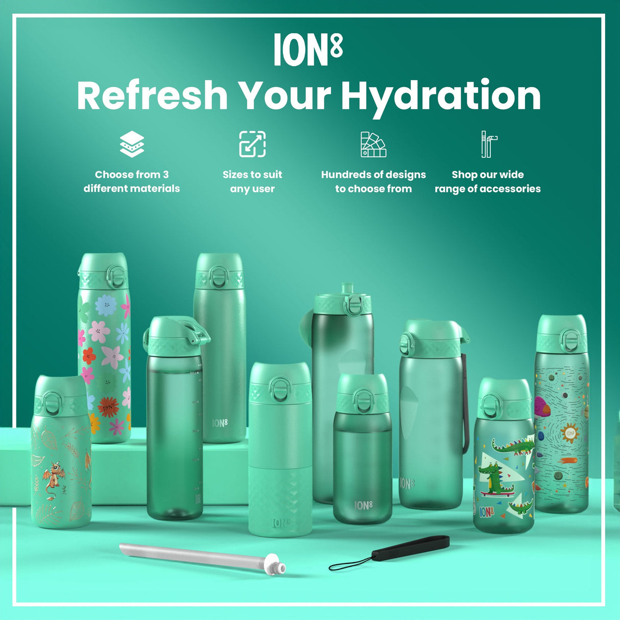 ION8 Leak Proof Kids Water Bottle, Stainless Steel, Farming Animals, 400ml (13oz)
