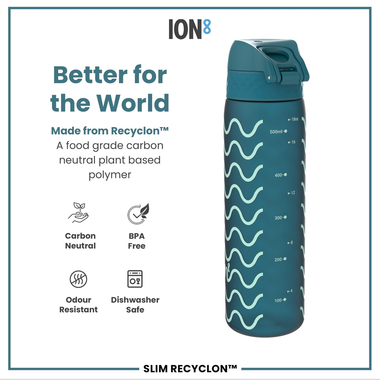 ION8 Leak Proof Slim Water Bottle, Recyclon, Waves, 500ml (18oz)