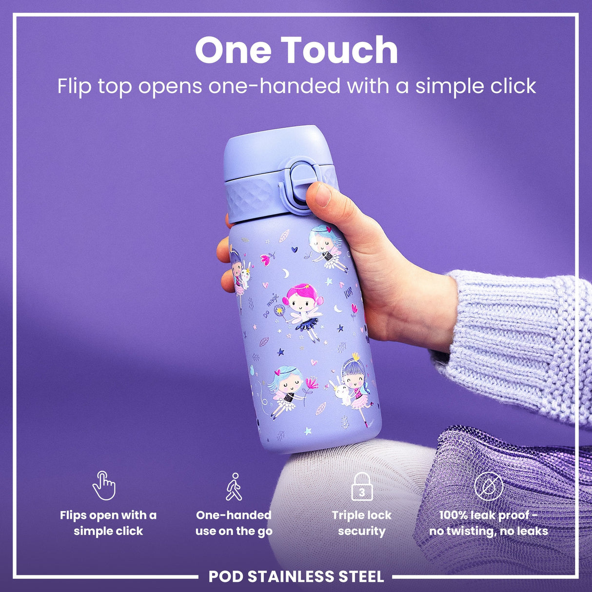 ION8 Leak Proof Kids Water Bottle, Stainless Steel, Fairies, 400ml (13oz)