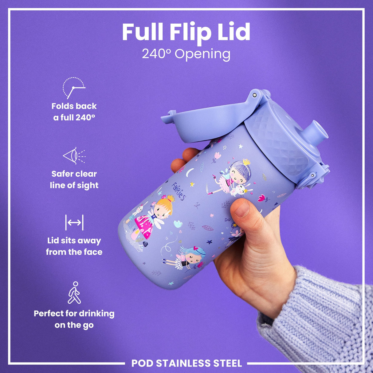 ION8 Leak Proof Kids Water Bottle, Stainless Steel, Fairies, 400ml (13oz)
