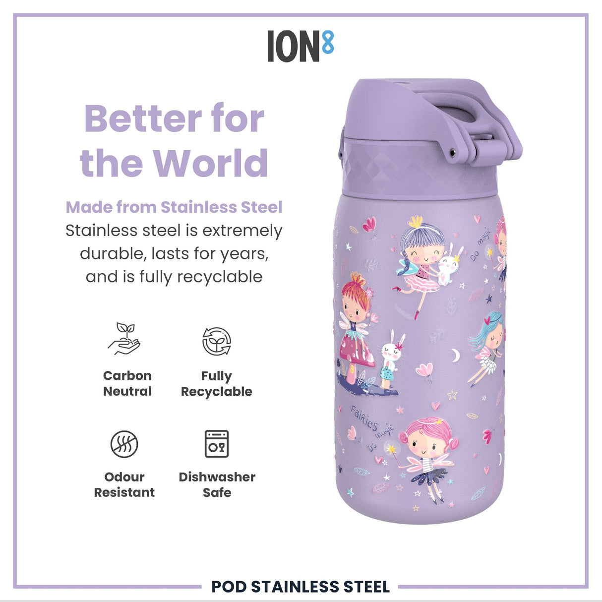 ION8 Leak Proof Kids Water Bottle, Stainless Steel, Fairies, 400ml (13oz)