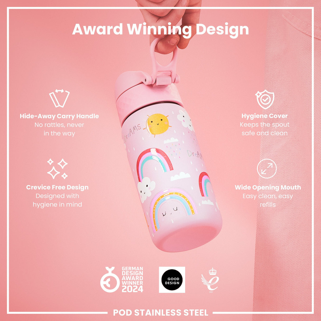 ION8 Leak Proof Kids Water Bottle, Stainless Steel, Rainbows, 400ml (13oz)