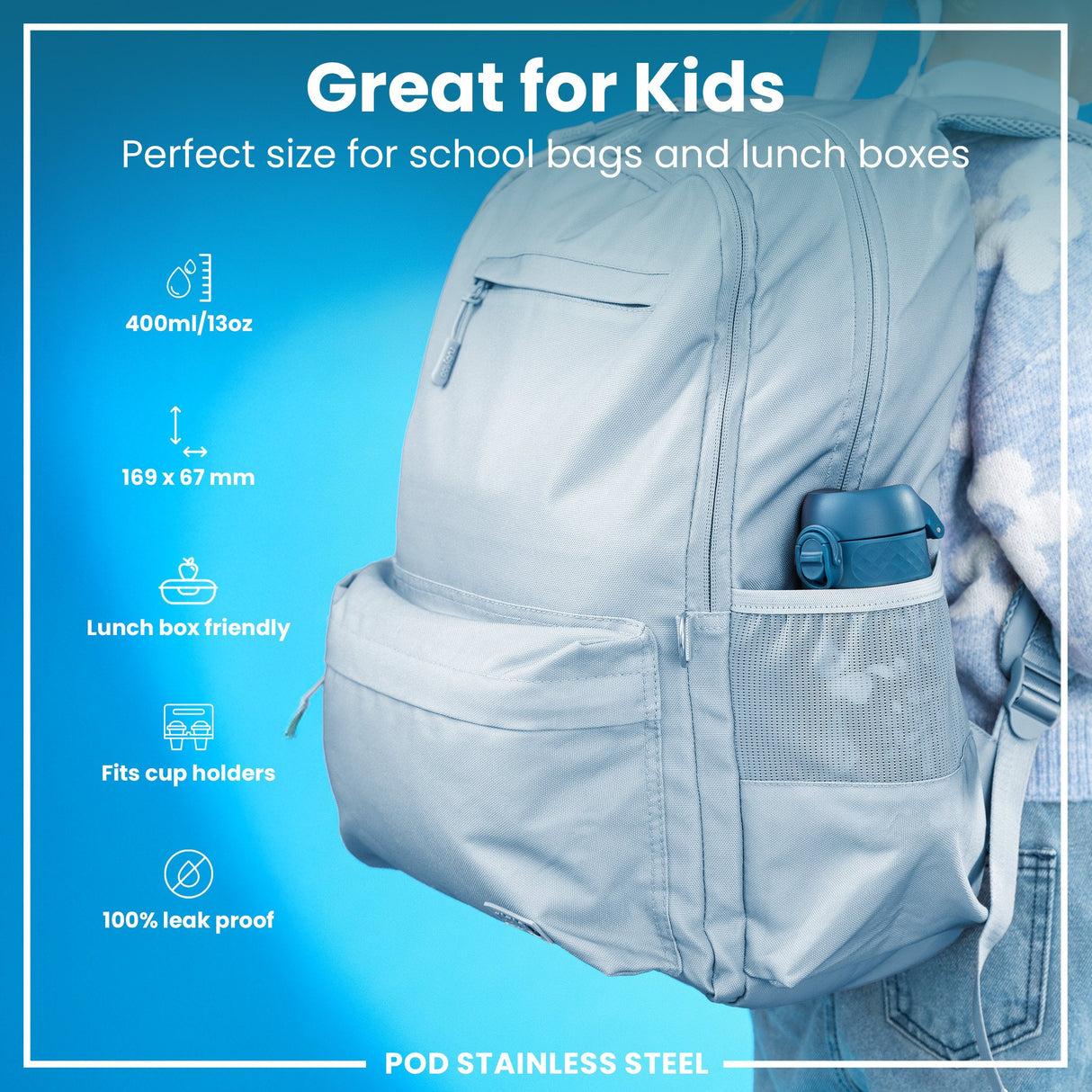 ION8 Leak Proof Kids Water Bottle, Stainless Steel, Forest Animals, 400ml (13oz)