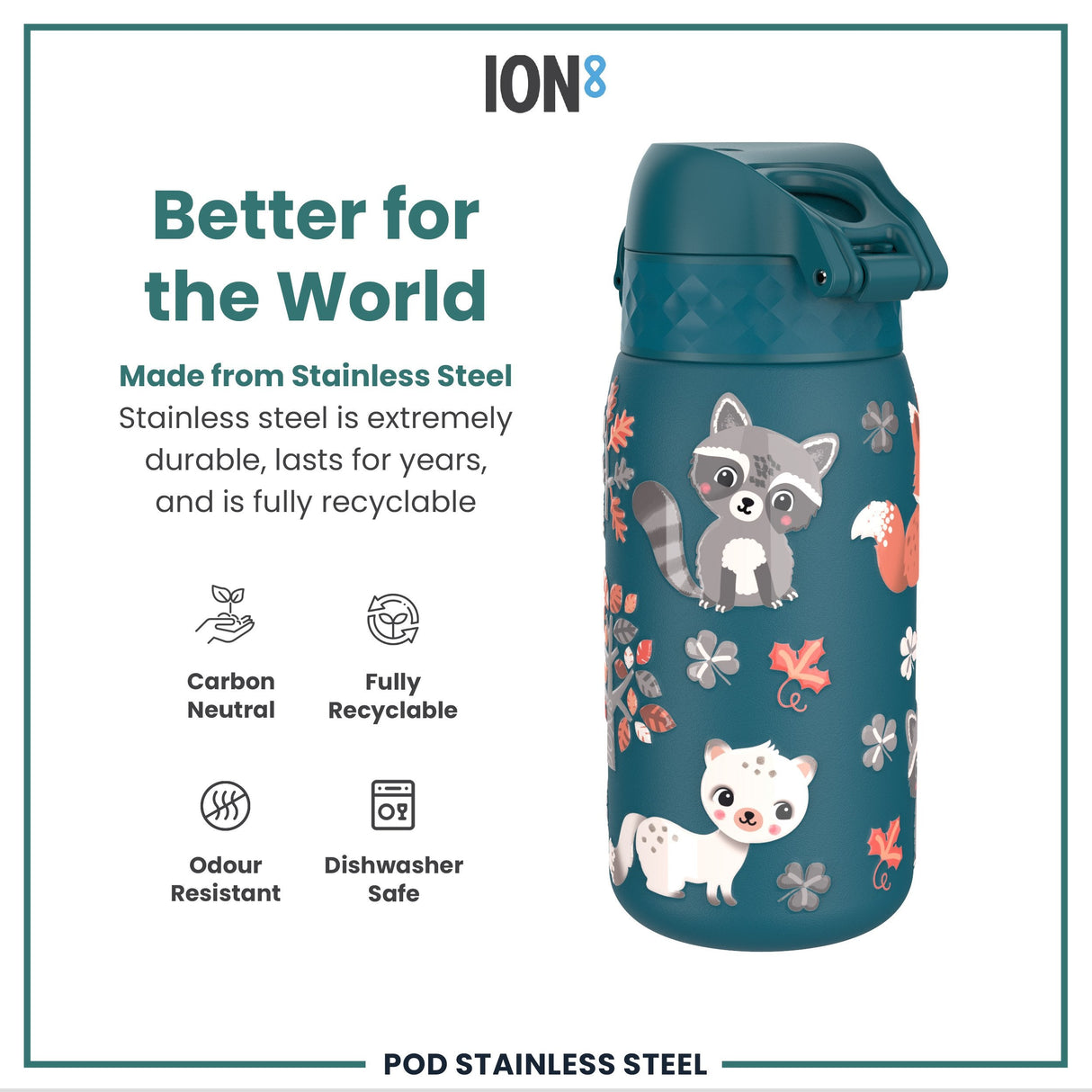 ION8 Leak Proof Kids Water Bottle, Stainless Steel, Forest Animals, 400ml (13oz)