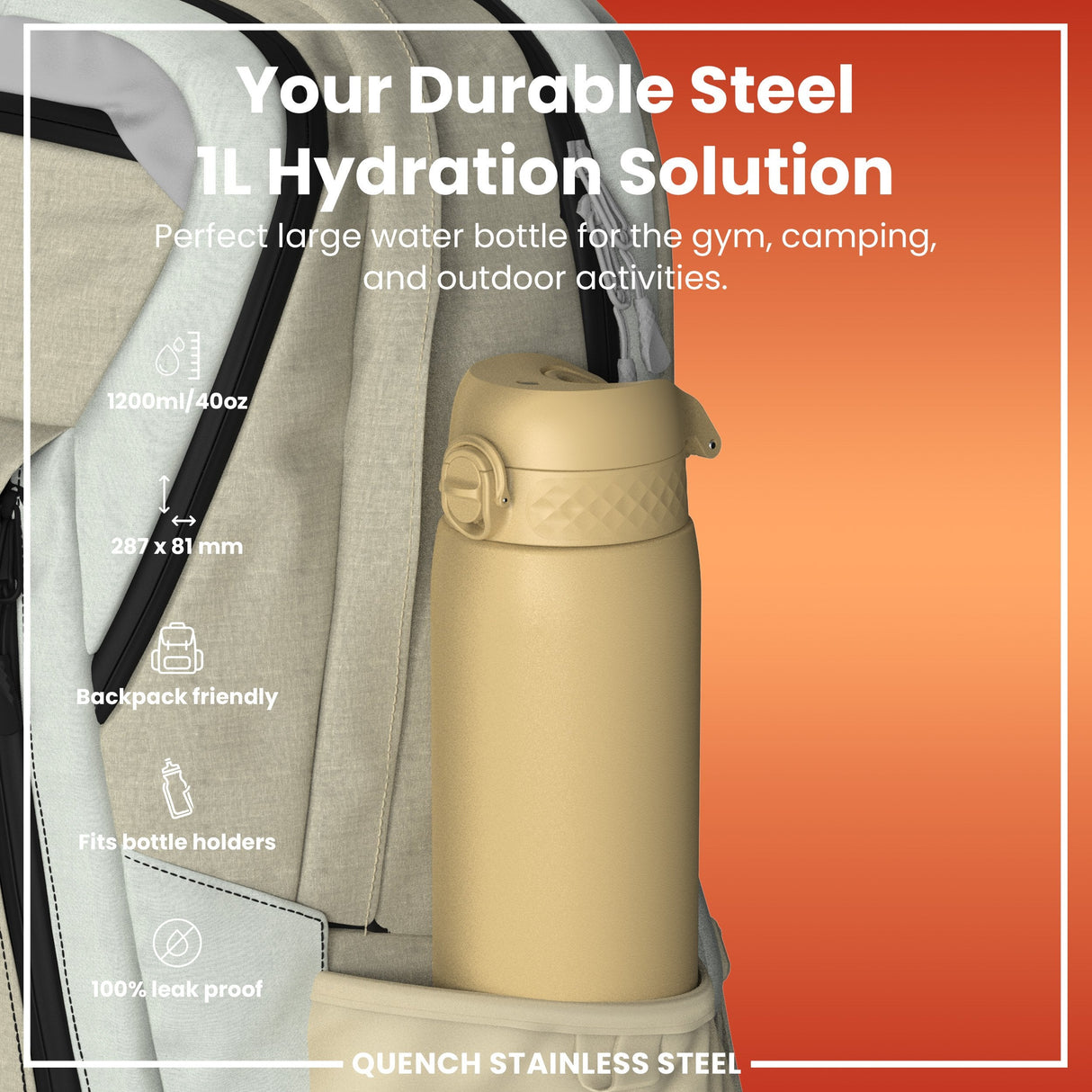 ION8 Leak Proof 1 Litre Water Bottle, Stainless Steel, Desert, 1L