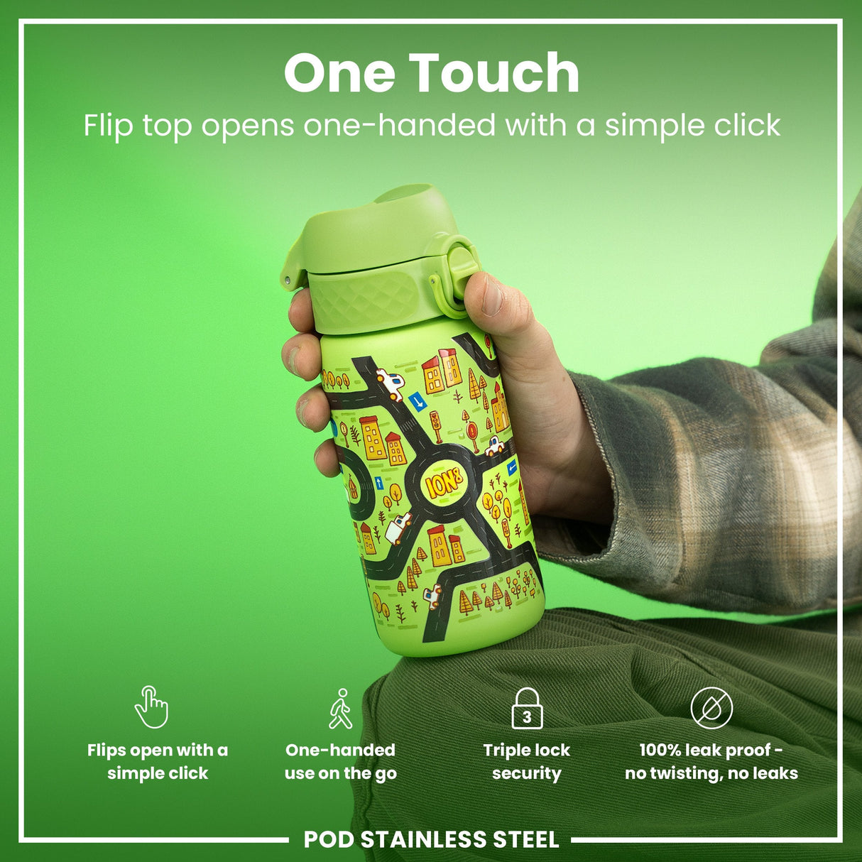 ION8 Leak Proof Water Bottle, Stainless Steel, Cars, 400ml (13oz)