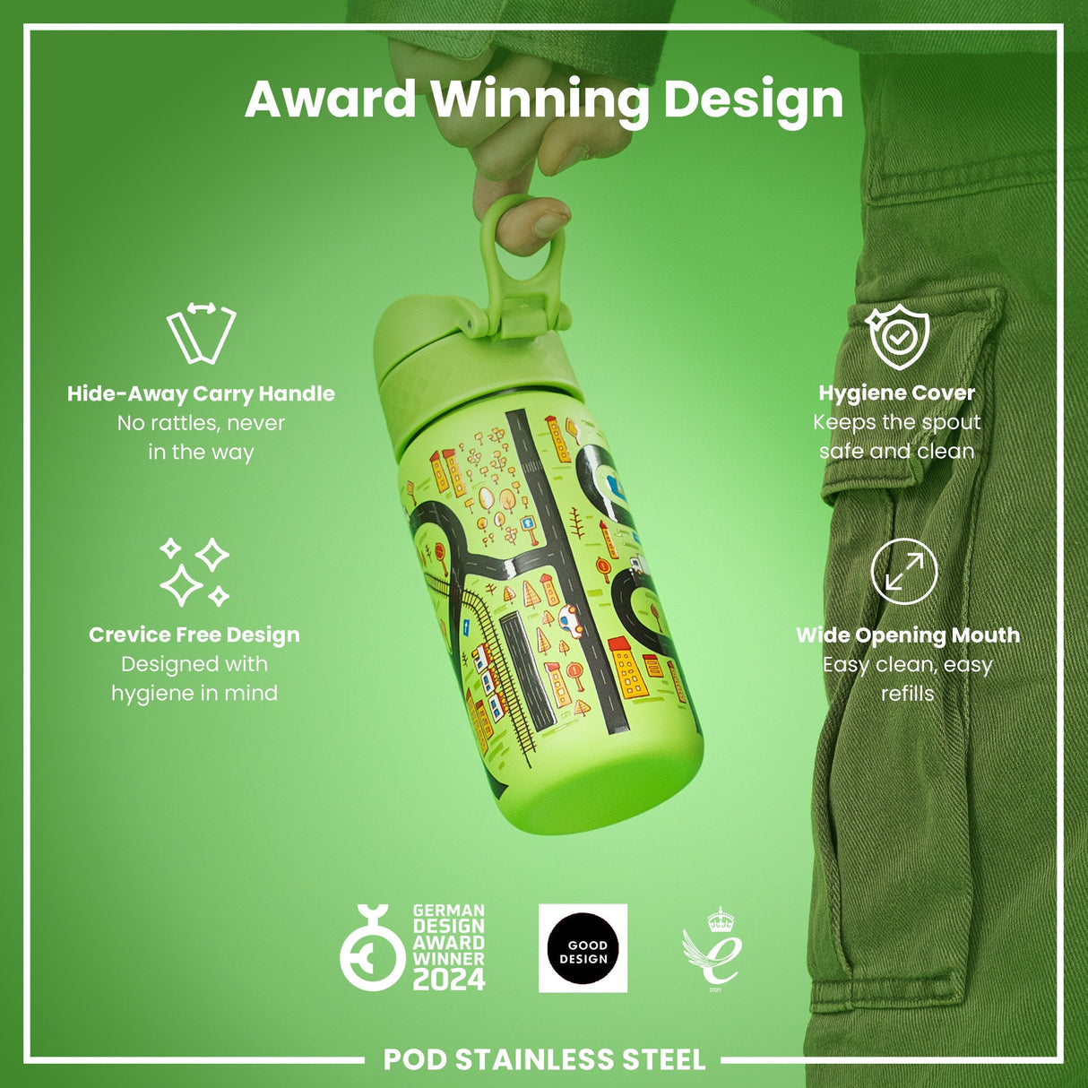 ION8 Leak Proof Water Bottle, Stainless Steel, Cars, 400ml (13oz)