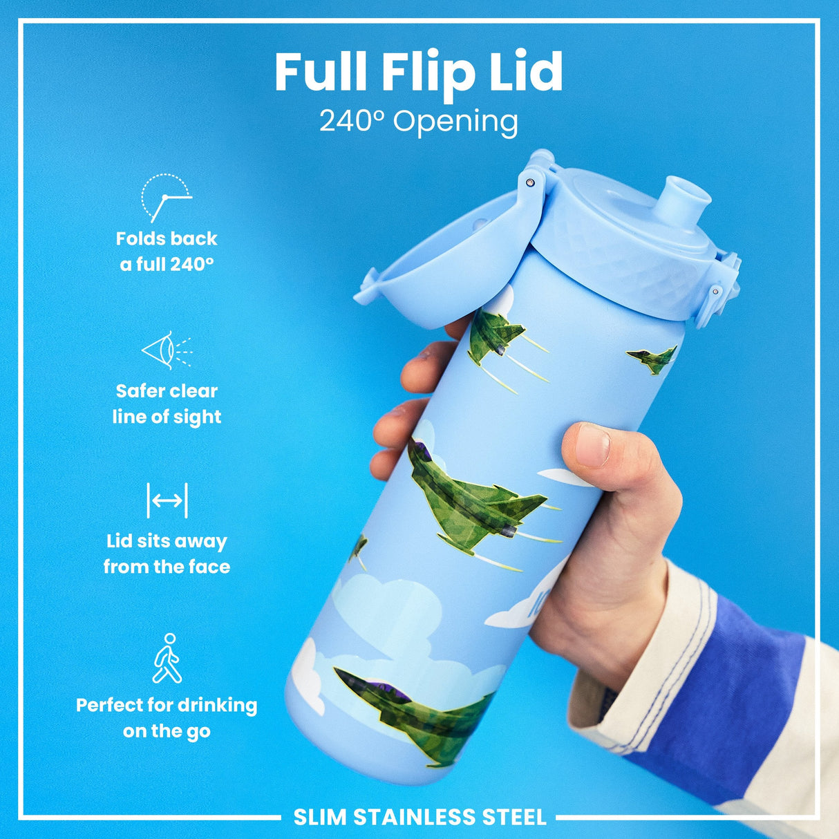 ION8 Leak Proof Slim Water Bottle, Stainless Steel, Fighter Jets, 600ml (20oz)