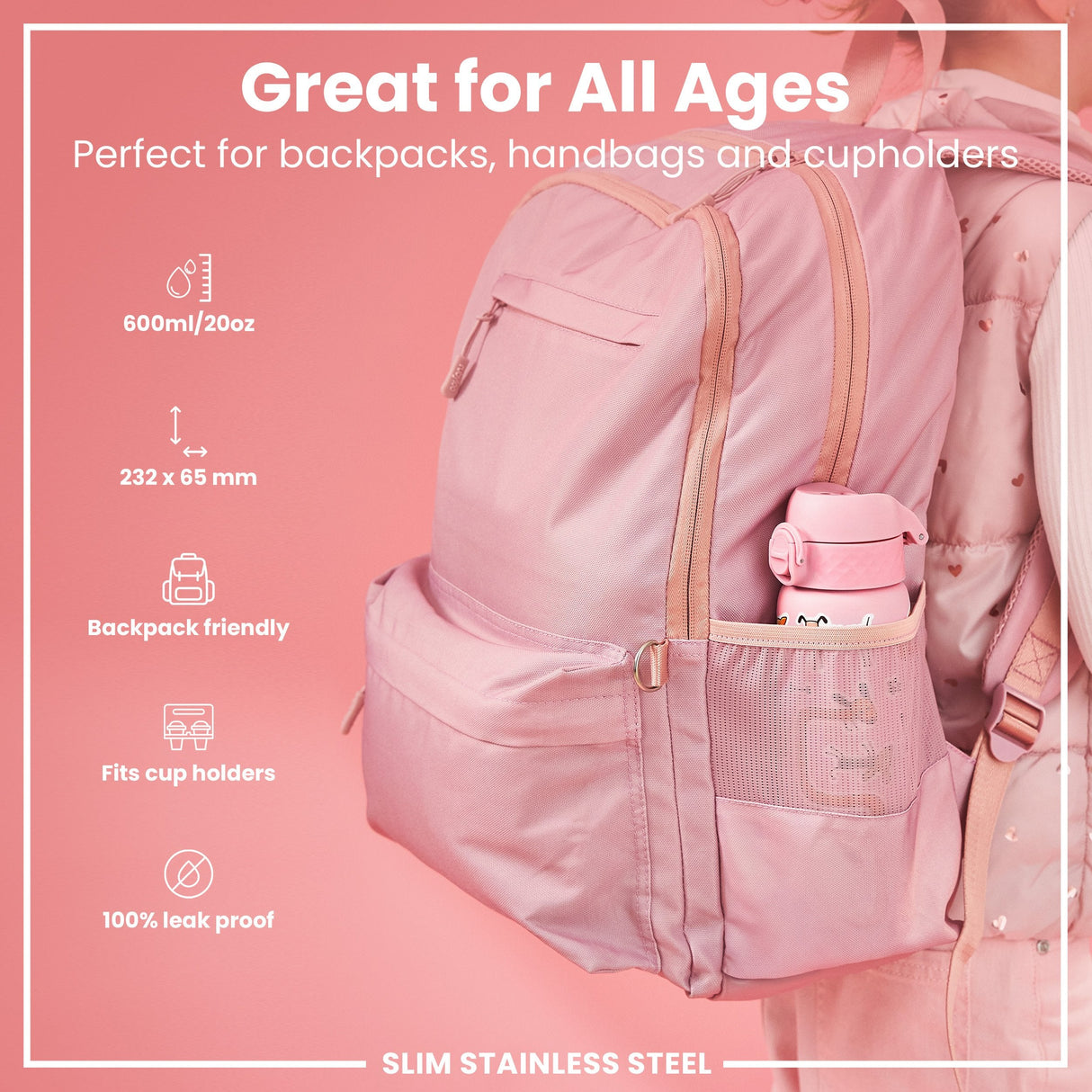 ION8 Leak Proof Slim Water Bottle, Stainless Steel, Dogs, 600ml (20oz)