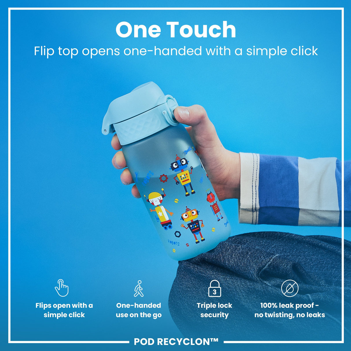 ION8 Leak Proof Kids Water Bottle, Recyclon, Robots, 350ml (12oz)