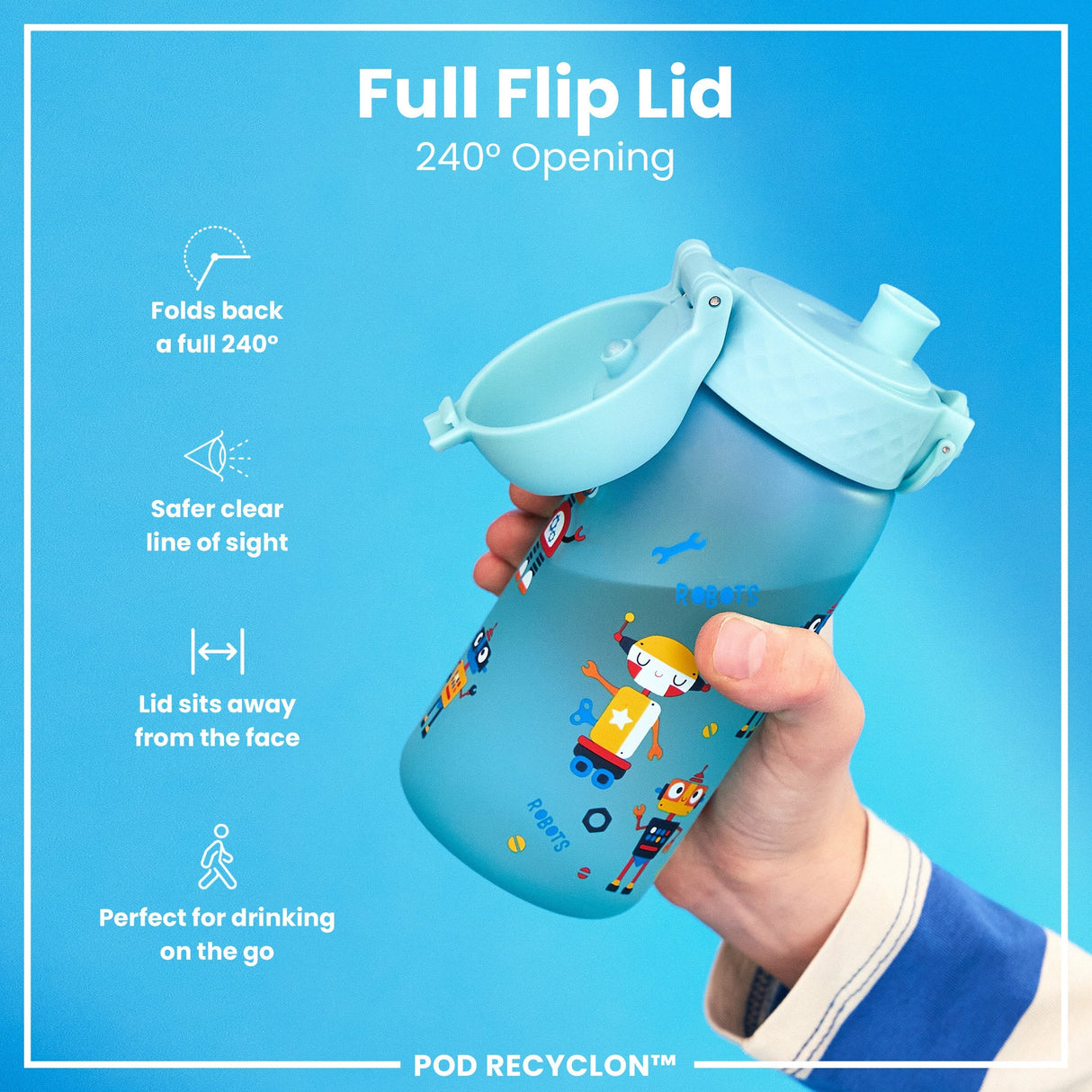 ION8 Leak Proof Kids Water Bottle, Recyclon, Robots, 350ml (12oz)