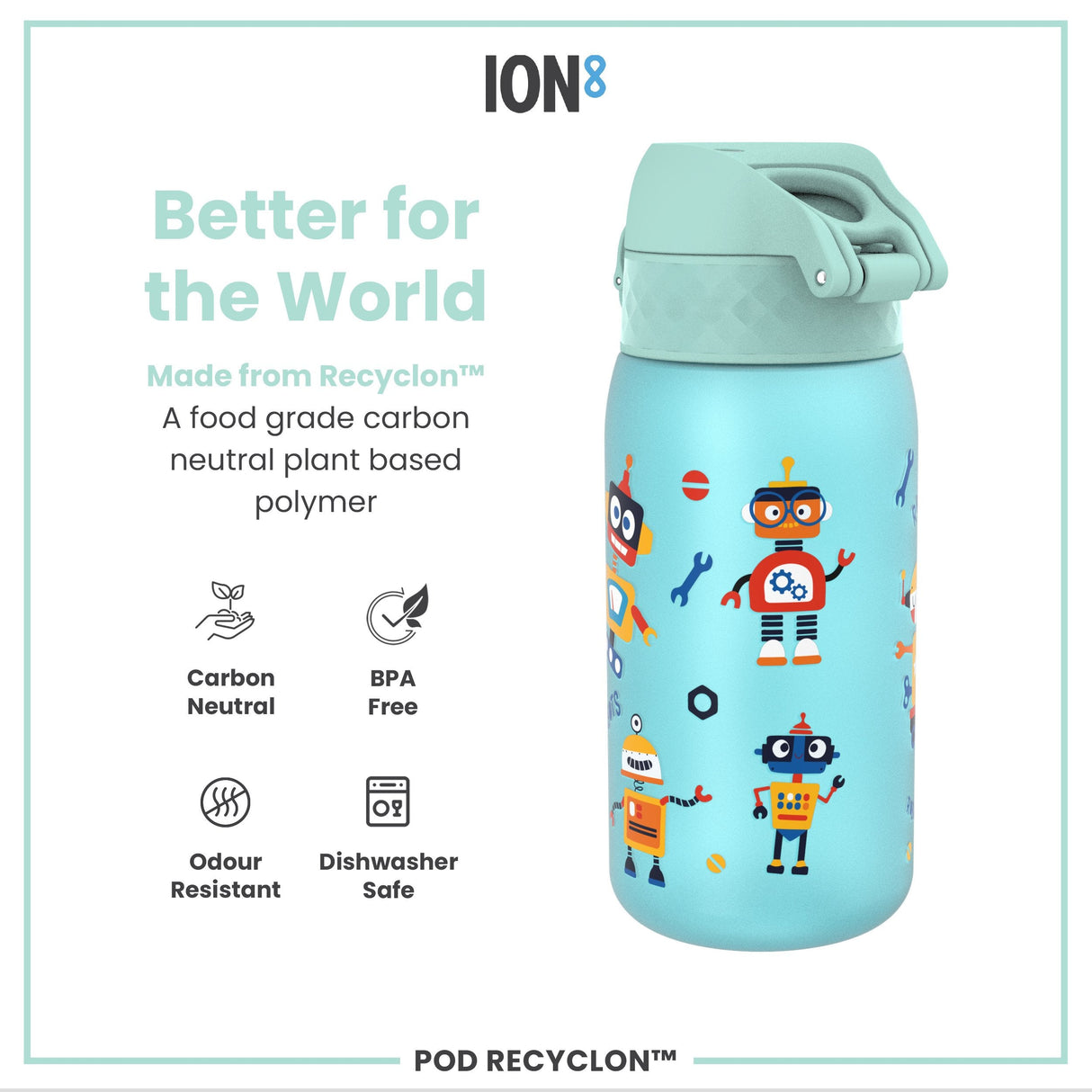 ION8 Leak Proof Kids Water Bottle, Recyclon, Robots, 350ml (12oz)