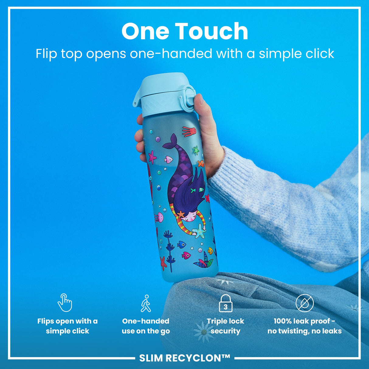 ION8 Leak Proof Slim Water Bottle, Recyclon, Mermaids, 500ml (18oz)