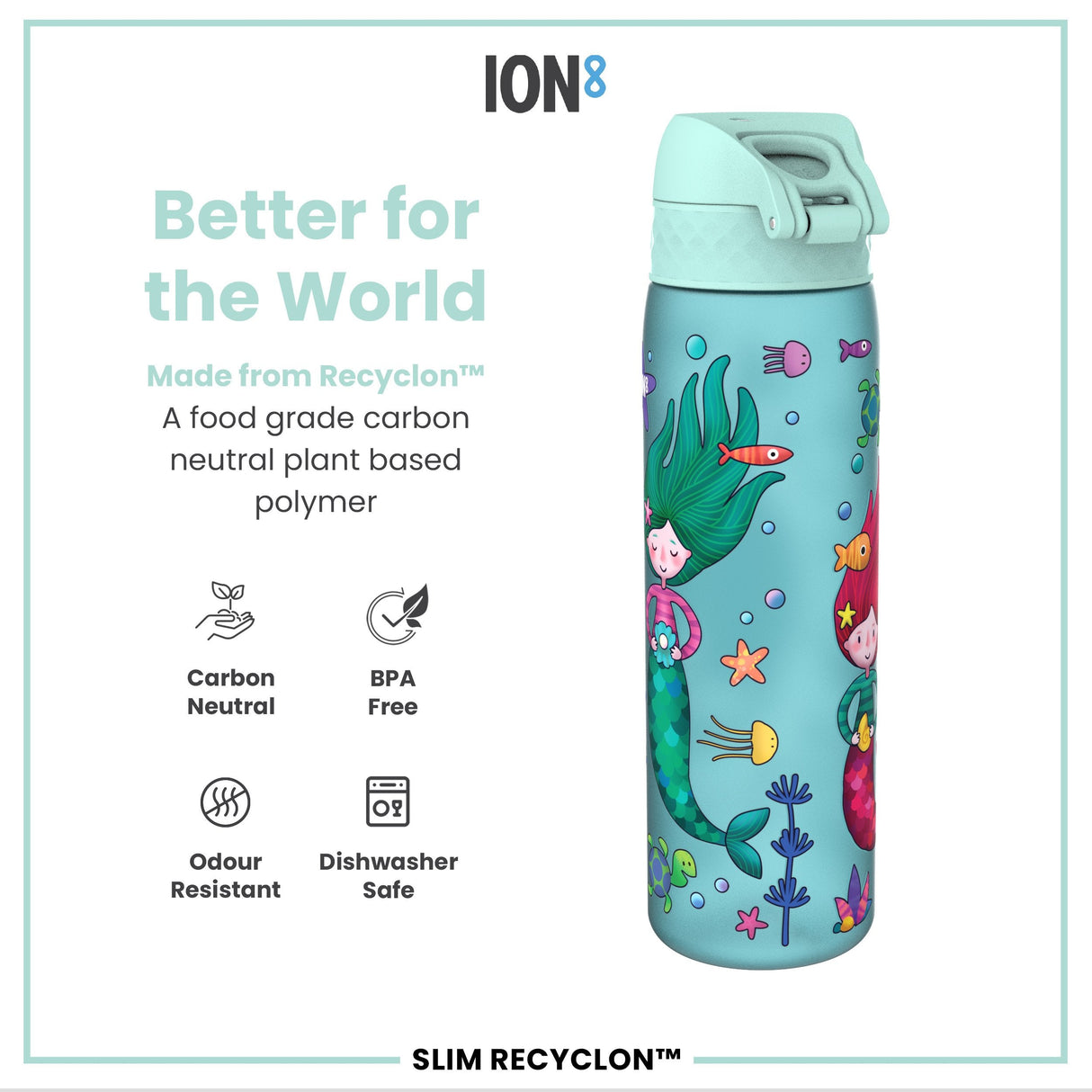 ION8 Leak Proof Slim Water Bottle, Recyclon, Mermaids, 500ml (18oz)