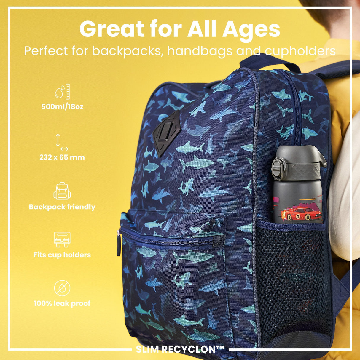 ION8 Leak Proof Slim Water Bottle, Recyclon, Sport Cars, 500ml (18oz)