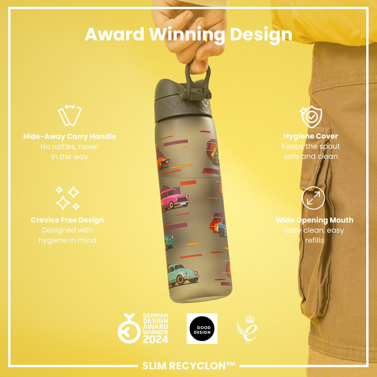 ION8 Leak Proof Slim Water Bottle, Recyclon, Sport Cars, 500ml (18oz)