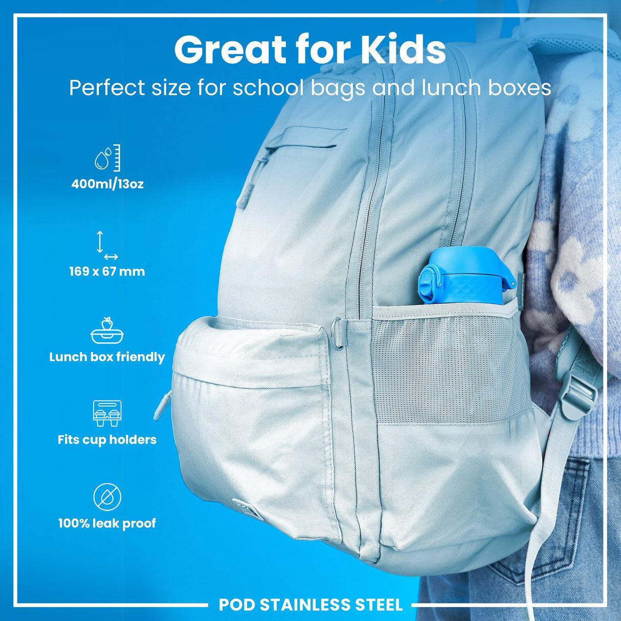 ION8 Leak Proof Kids Water Bottle, Stainless Steel, Flamingos, 400ml (13oz)