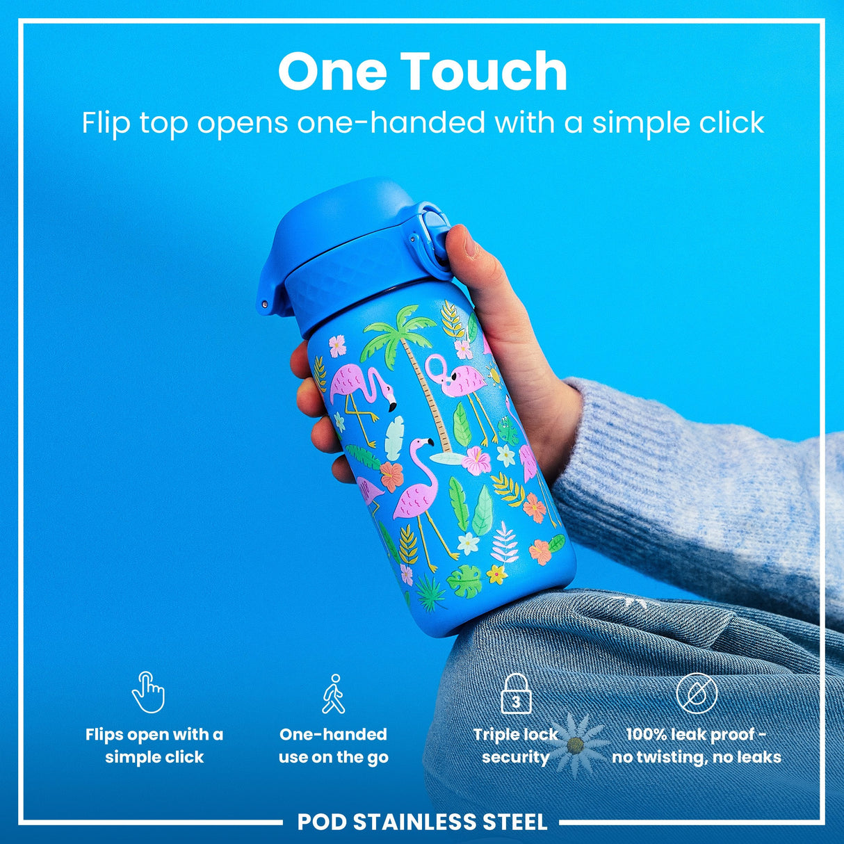 ION8 Leak Proof Kids Water Bottle, Stainless Steel, Flamingos, 400ml (13oz)