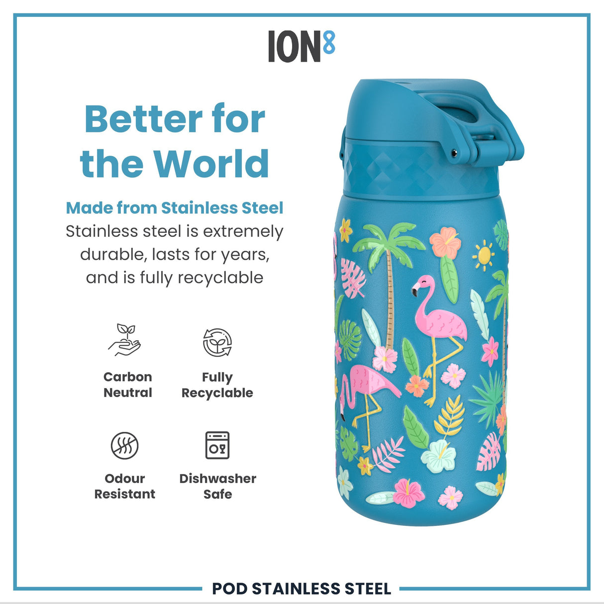ION8 Leak Proof Kids Water Bottle, Stainless Steel, Flamingos, 400ml (13oz)