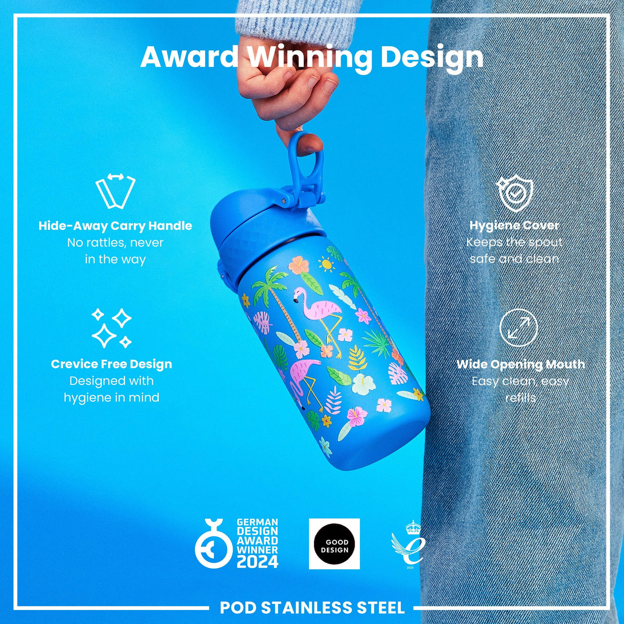 ION8 Leak Proof Kids Water Bottle, Stainless Steel, Flamingos, 400ml (13oz)