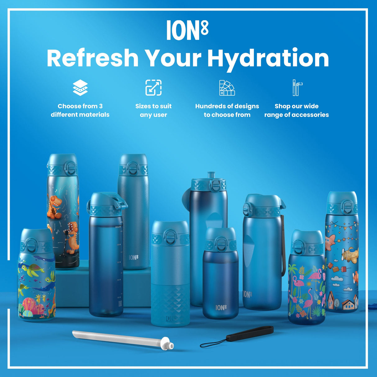ION8 Leak Proof Kids Water Bottle, Stainless Steel, Flamingos, 400ml (13oz)