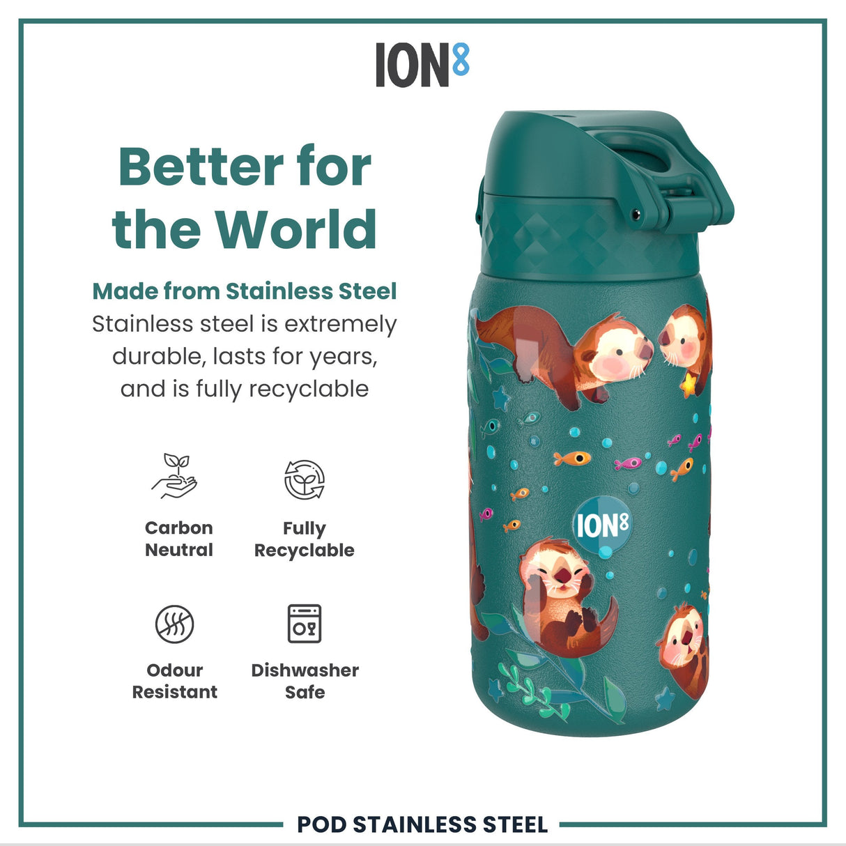 ION8 Leak Proof Kids Water Bottle, Stainless Steel, Otters, 400ml (13oz)