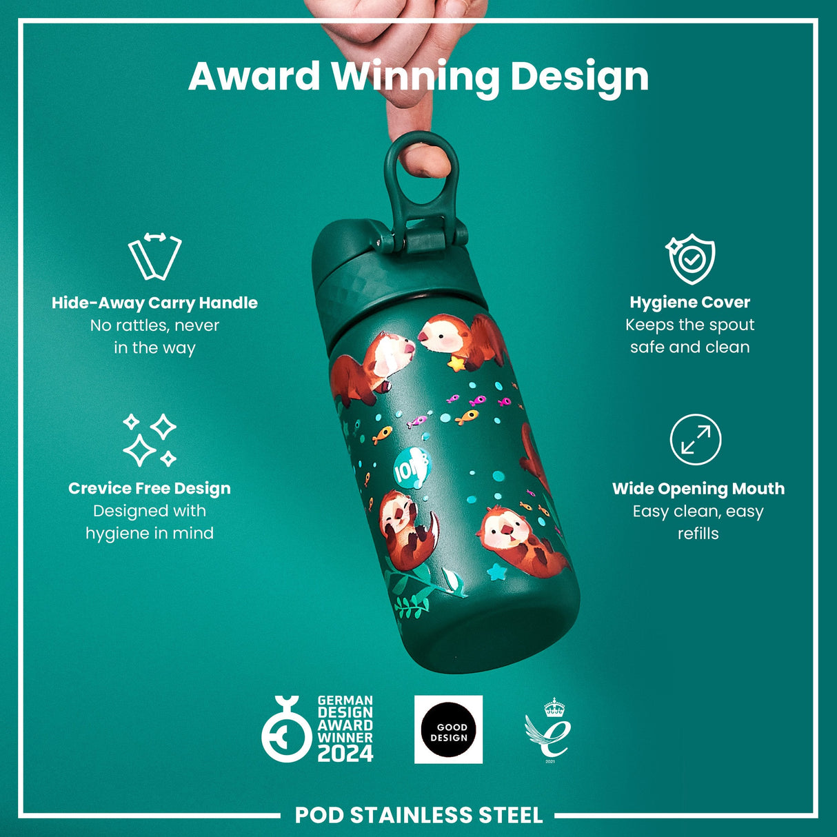 ION8 Leak Proof Kids Water Bottle, Stainless Steel, Otters, 400ml (13oz)